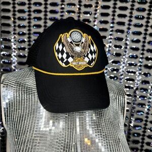 Harley-Davidson Black Trucker Hat Cap with Eagle and Checkered Flags